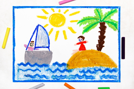 Child's crayon drawing of a boat and island