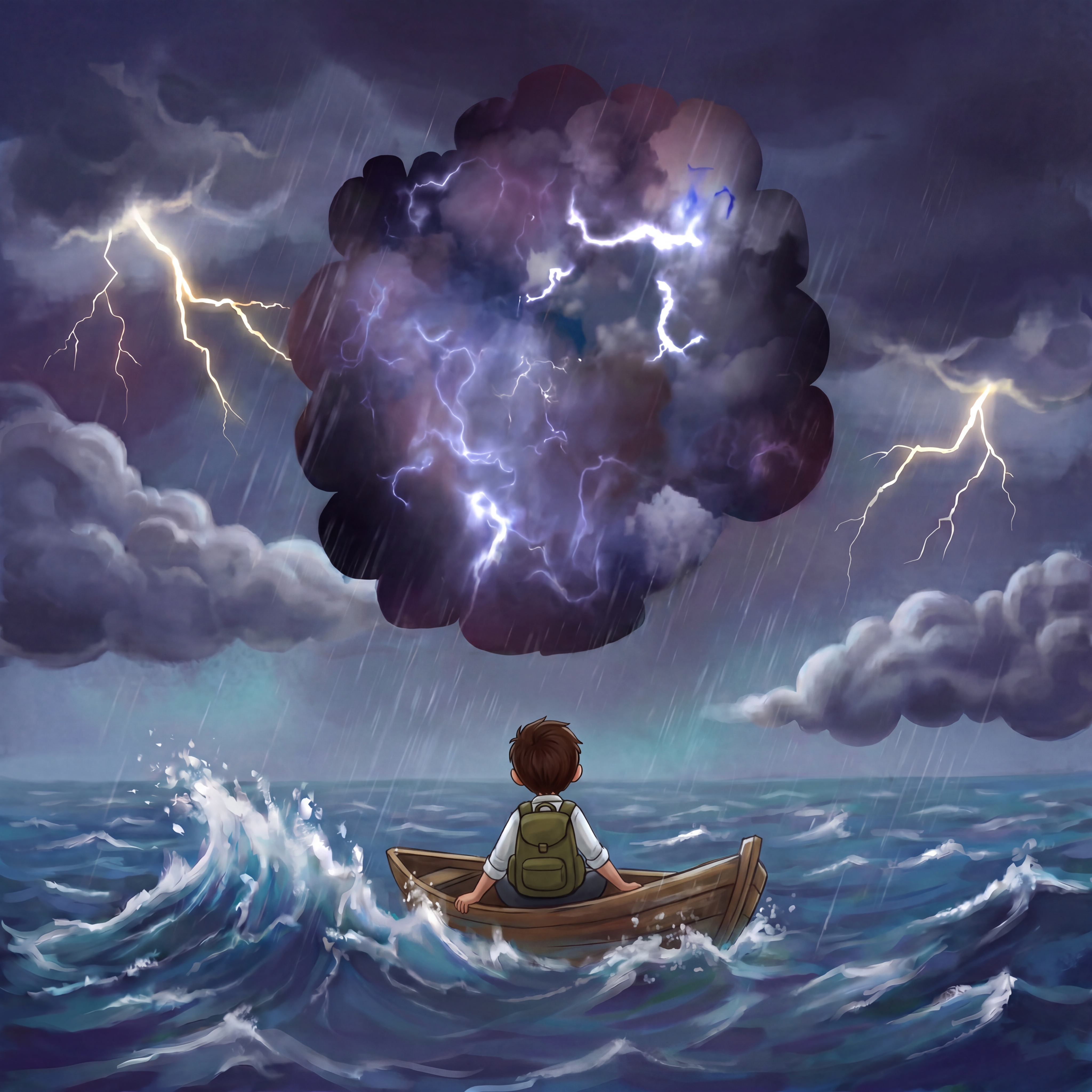 Arlo in a small boat crossing the stormy sea