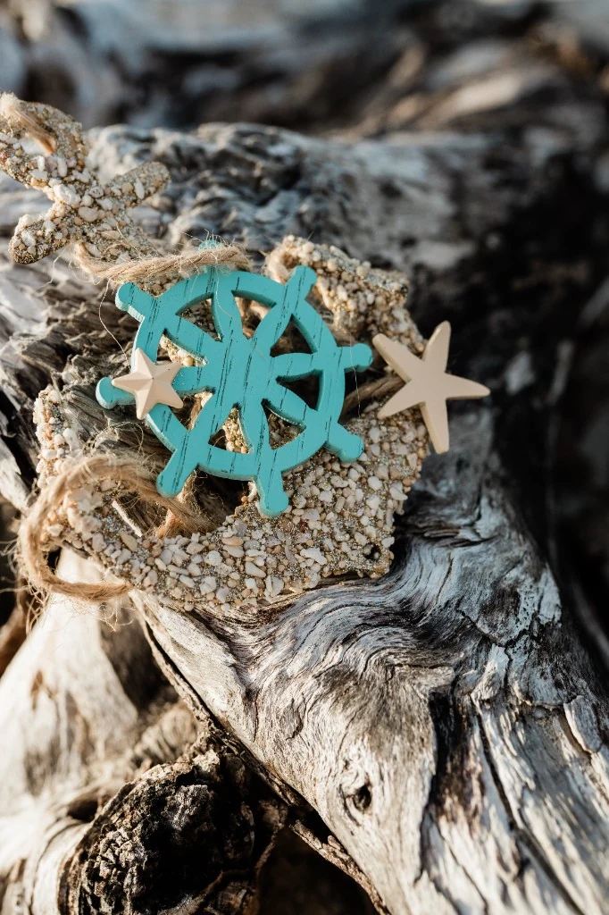 Decorative anchor with ship wheel on driftwood
